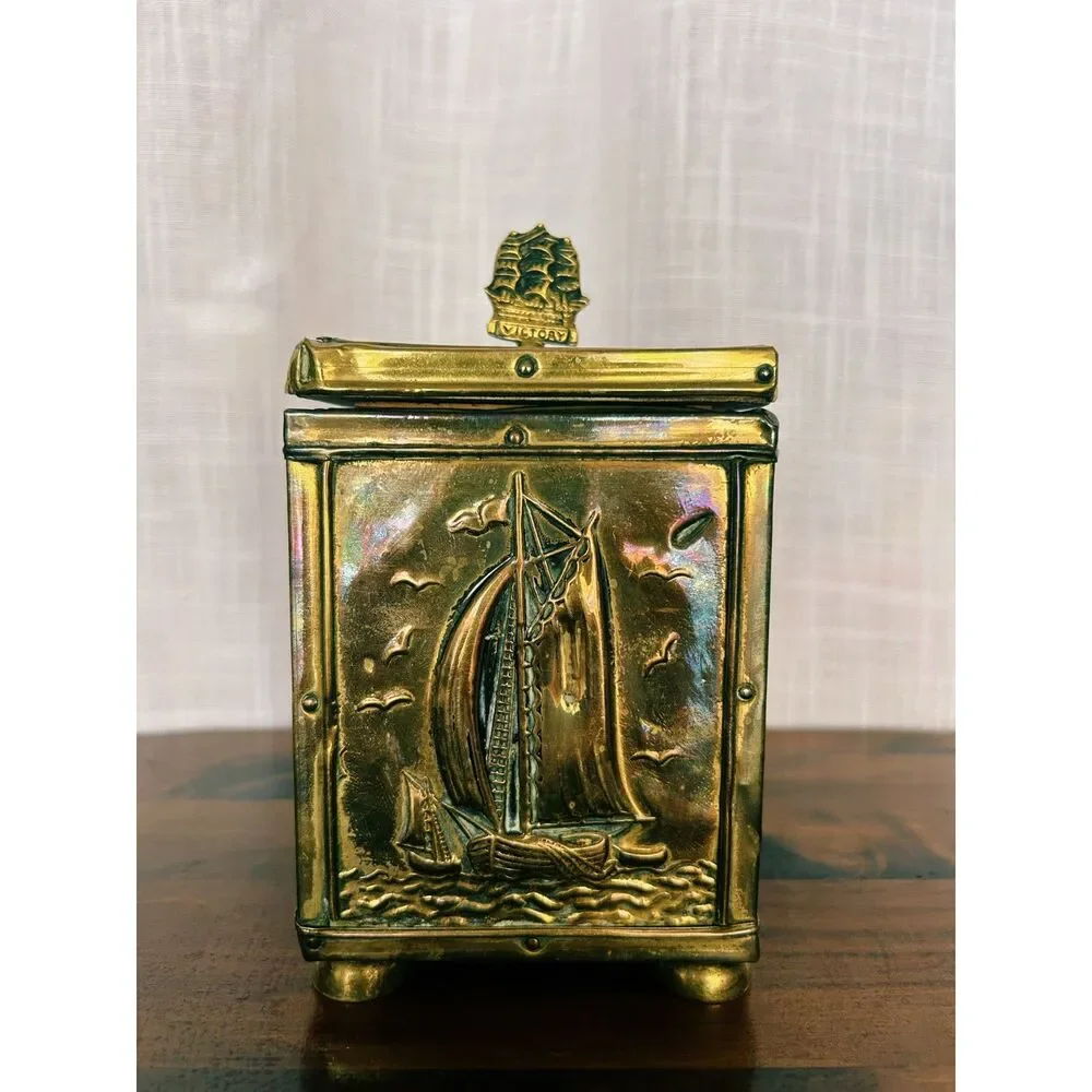 Antique Embossed Brass HMS Victory Maritime Tea Caddy / Tobacco Box